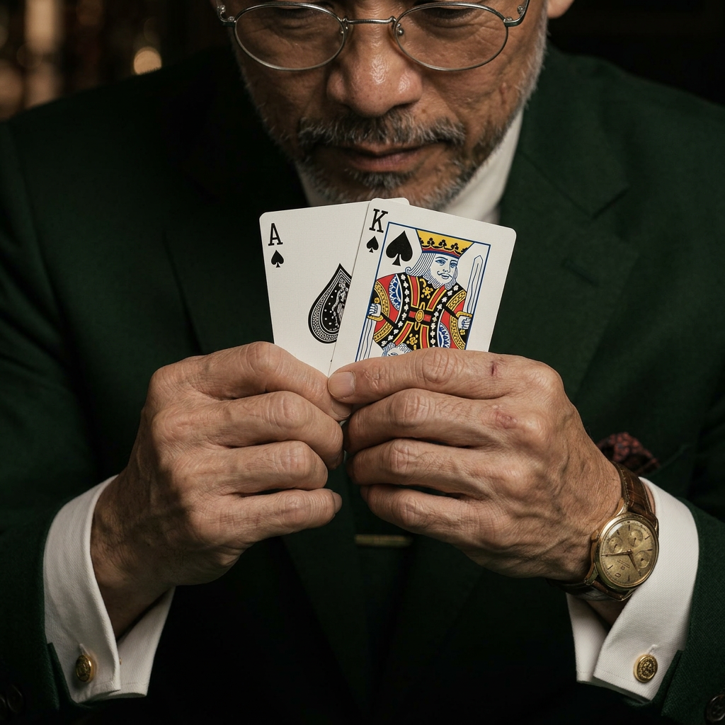 The Master's hands at the table holding the Ace and King of Spades