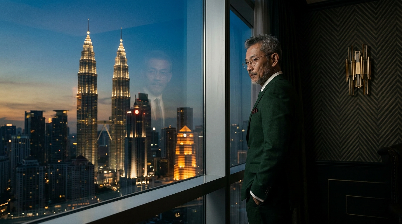 The Master at a Kuala Lumpur high-floor window, Petronas Towers in the distance