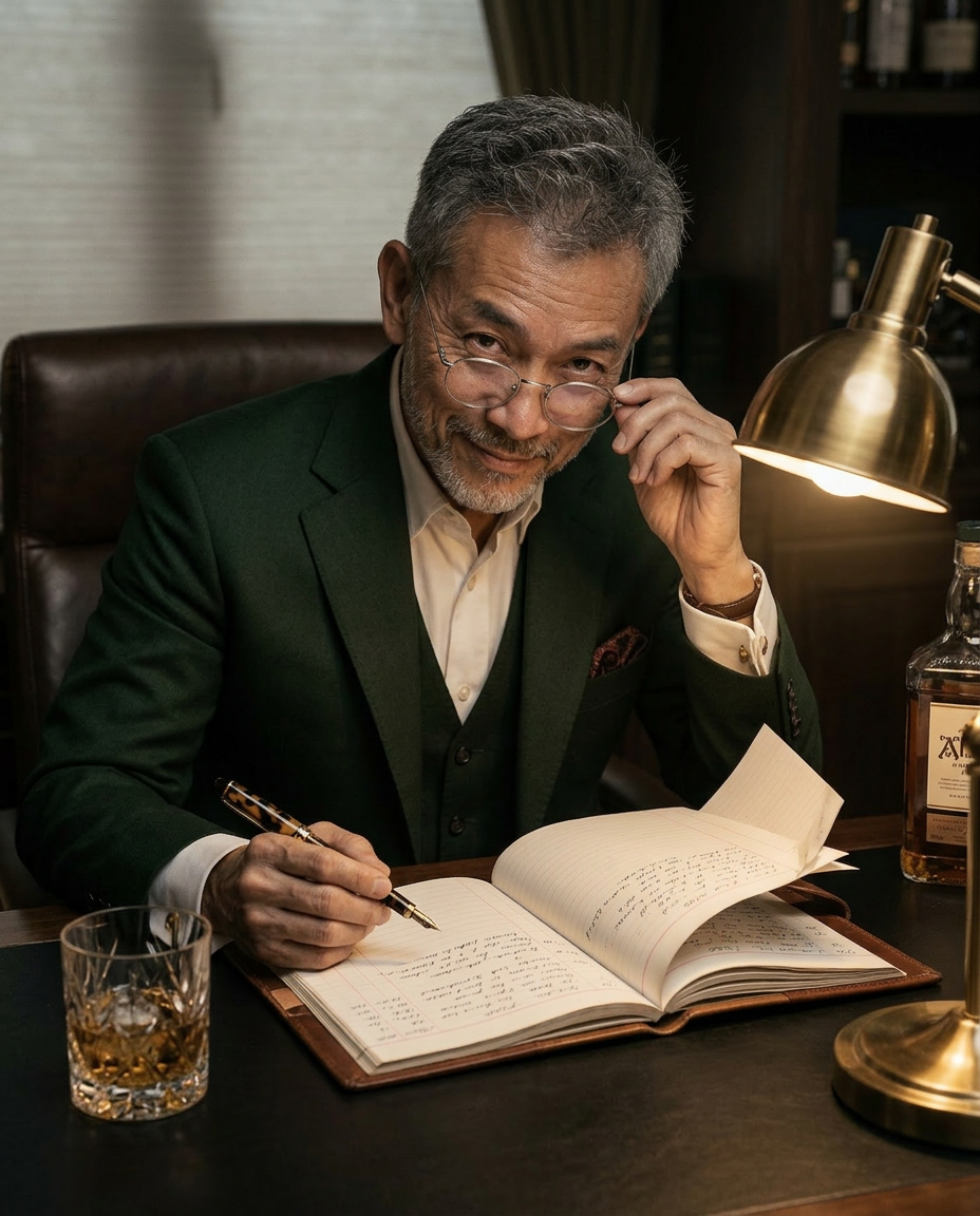 The Master reviewing a handwritten ledger, fountain pen and whisky beside him