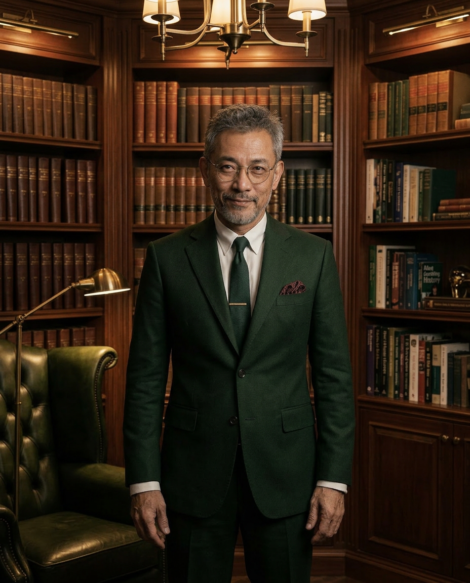 The Master in his wood-panelled library, where the Code is kept