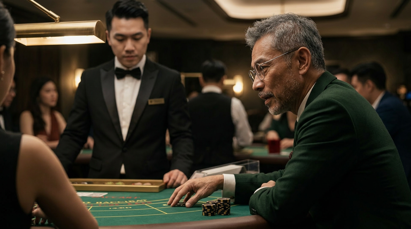 The Master conferring with a tuxedoed dealer at a live baccarat table