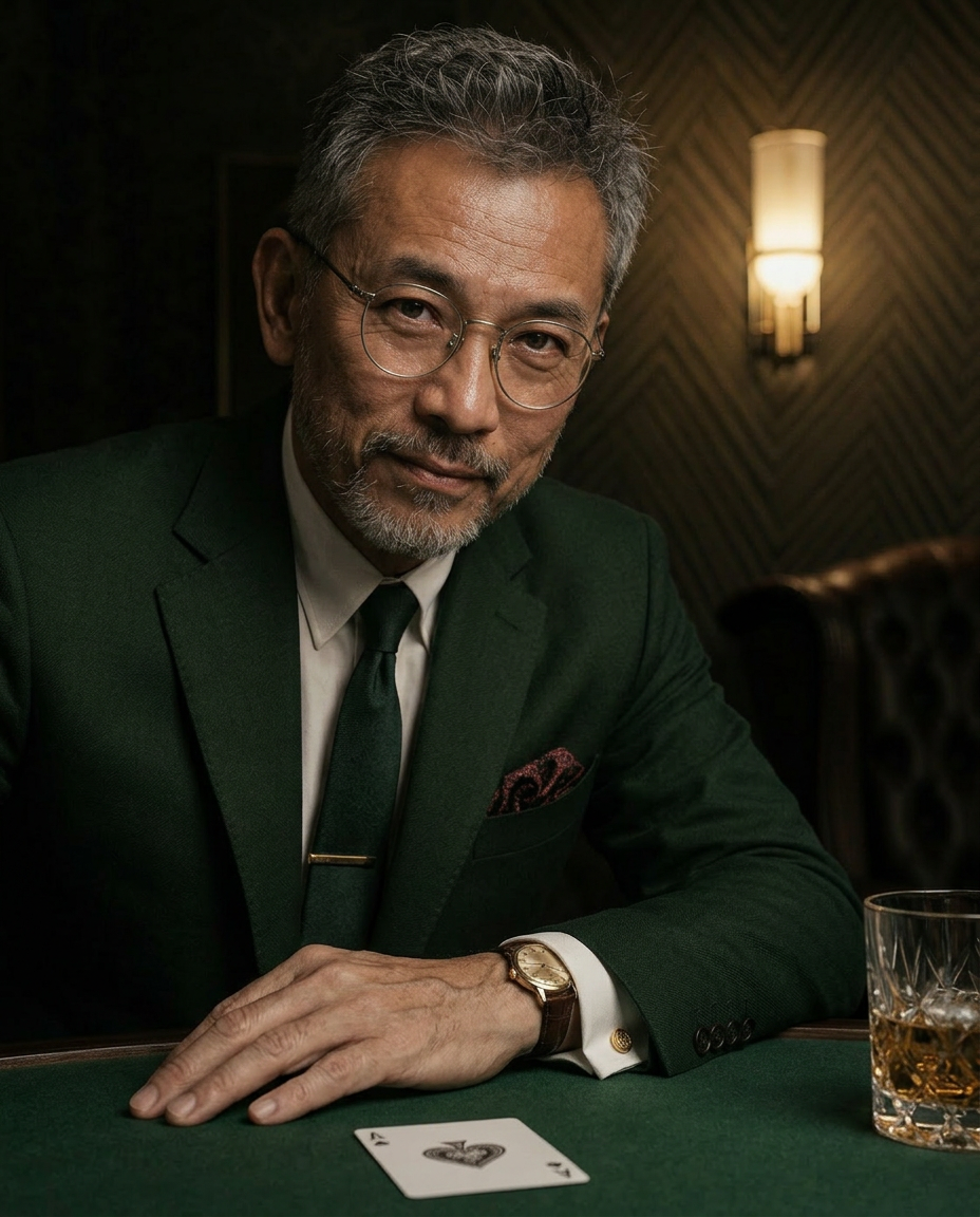 The Master at the card table after hours, an Ace of Spades face-up before him