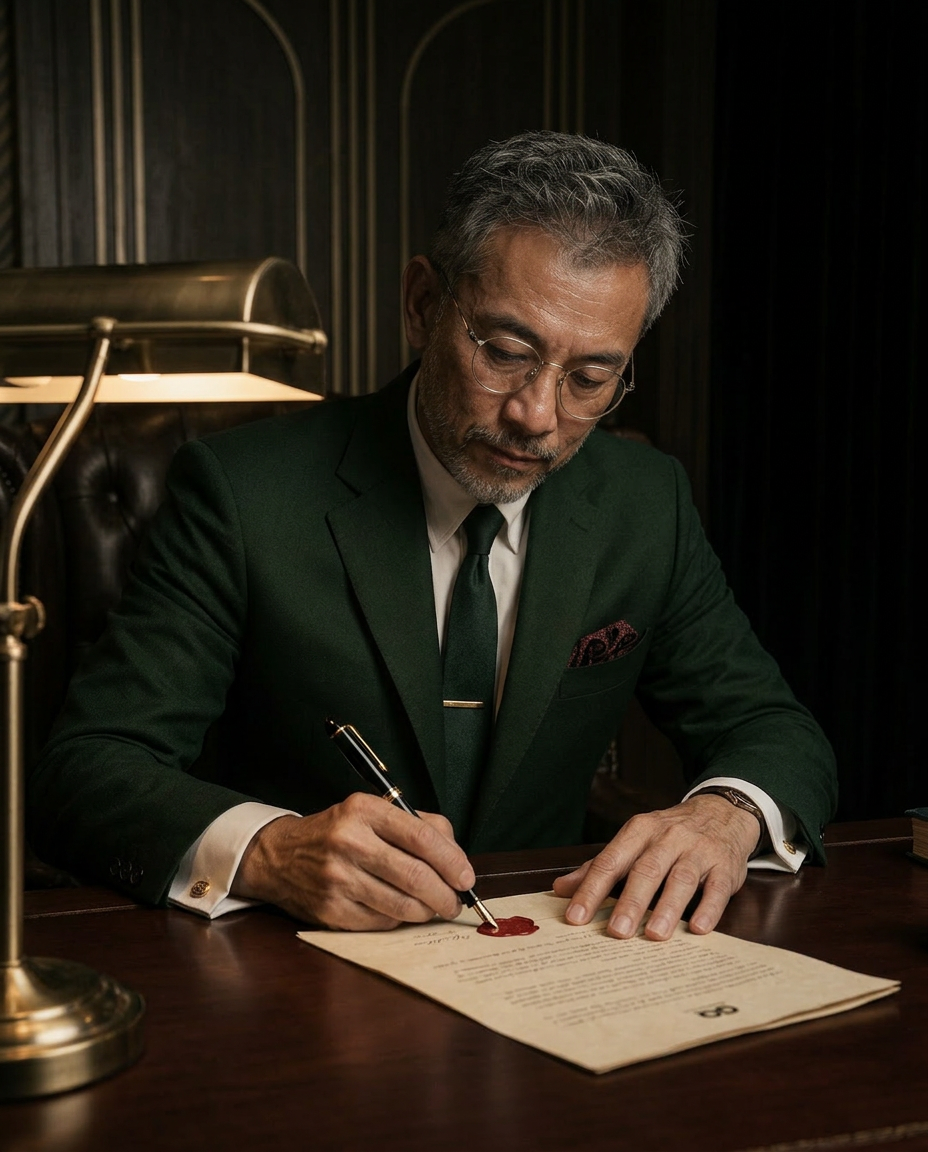 The Master signing a wax-sealed parchment — the verdict at the moment of signoff